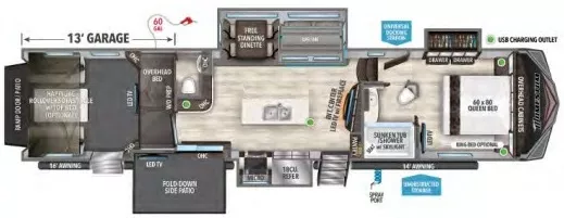 45' 2022 Grand Design Momentum Toy Hauler 399TH-R w/3 Slides & Generator  - Toy Hauler Floorplan