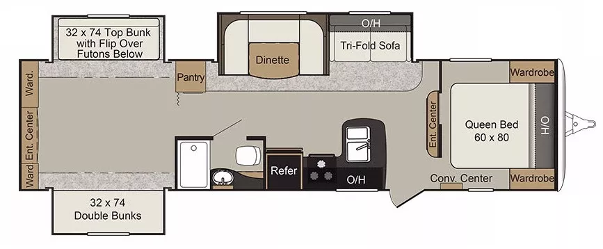36' 2019 Keystone Passport Grand Touring 3290BH w/3 Slides - Bunk House Floorplan