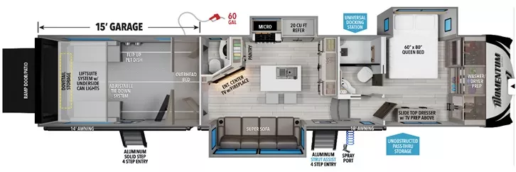 44' 2019 Grand Design Momentum M-Class 381M w/3 Slides & Generator  - Toy Hauler Floorplan