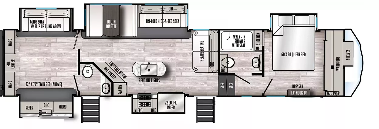 41' 2020 Forest River Sandpiper 384QBOK w/5 Slides - Bunk House Floorplan