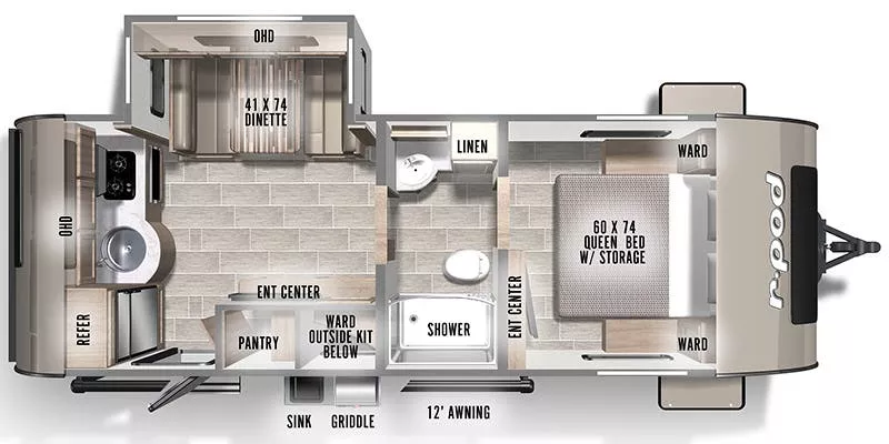 25' 2021 Forest River R-Pod 202 w/Slide Floorplan