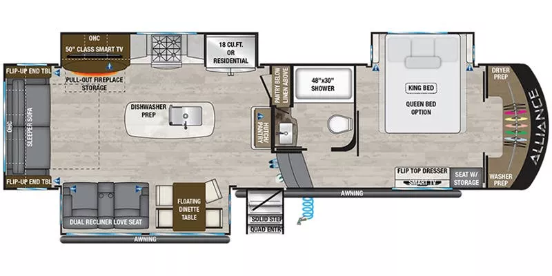 34' 2021 Alliance RV Paradigm 310RL w/3 Slides Floorplan