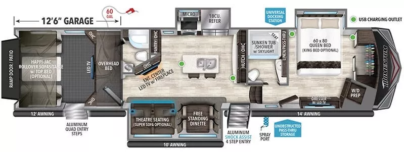 43' 2020 Grand Design Momentum 397TH w/3 Slides & Generator  - Toy Hauler - Bunk House Floorplan