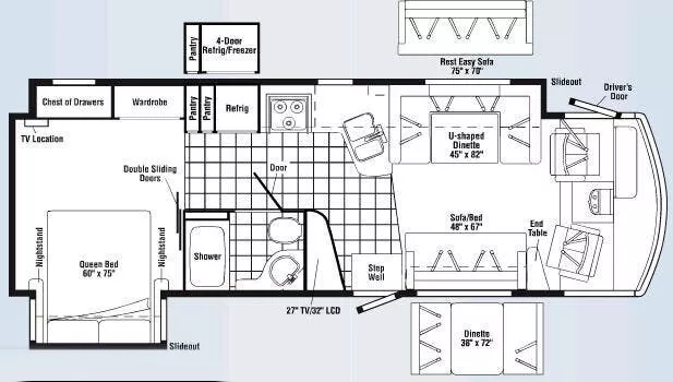 33' 2007 Winnebago Voyage 32H w/2 Slides Floorplan