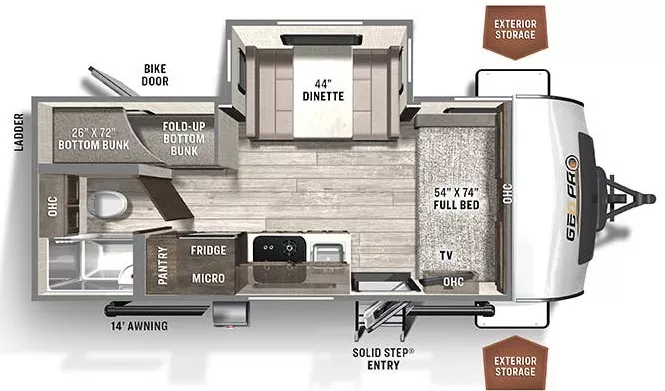 21' 2022 Forest River Rockwood Geo Pro G20BHS w/Slide - Bunk House Floorplan