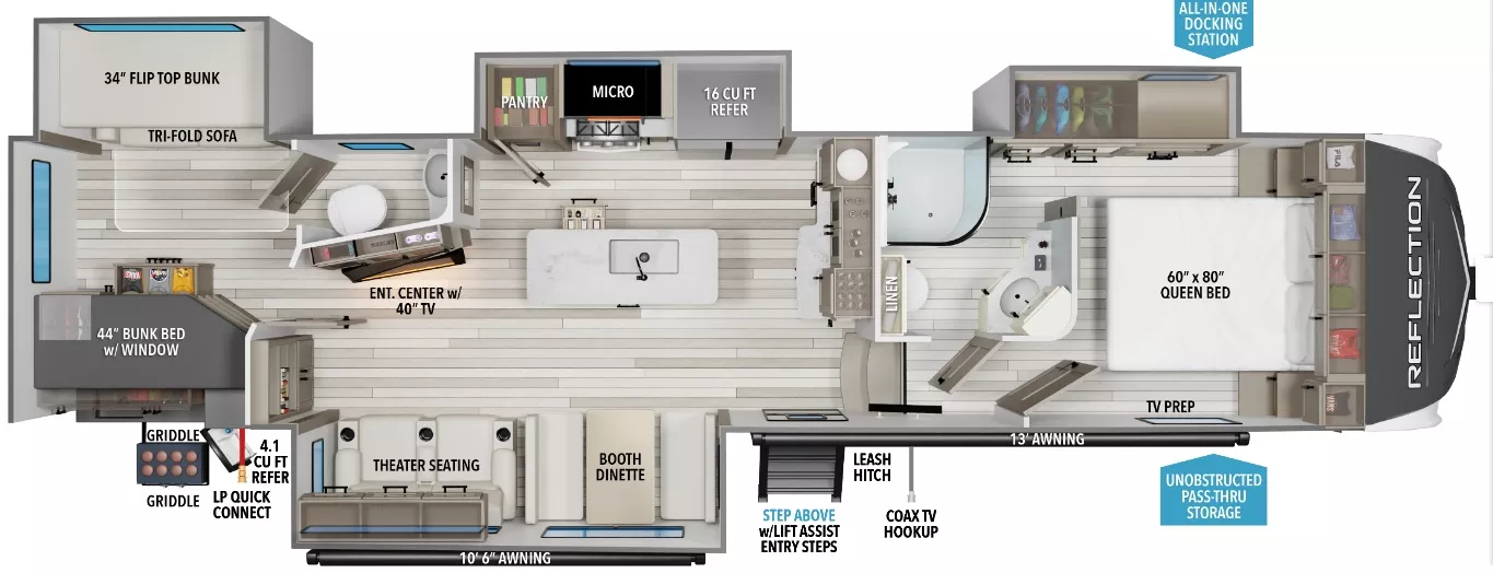 37' 2019 Grand Design Reflection 311BHS w/4 Slides - Bunk House Floorplan