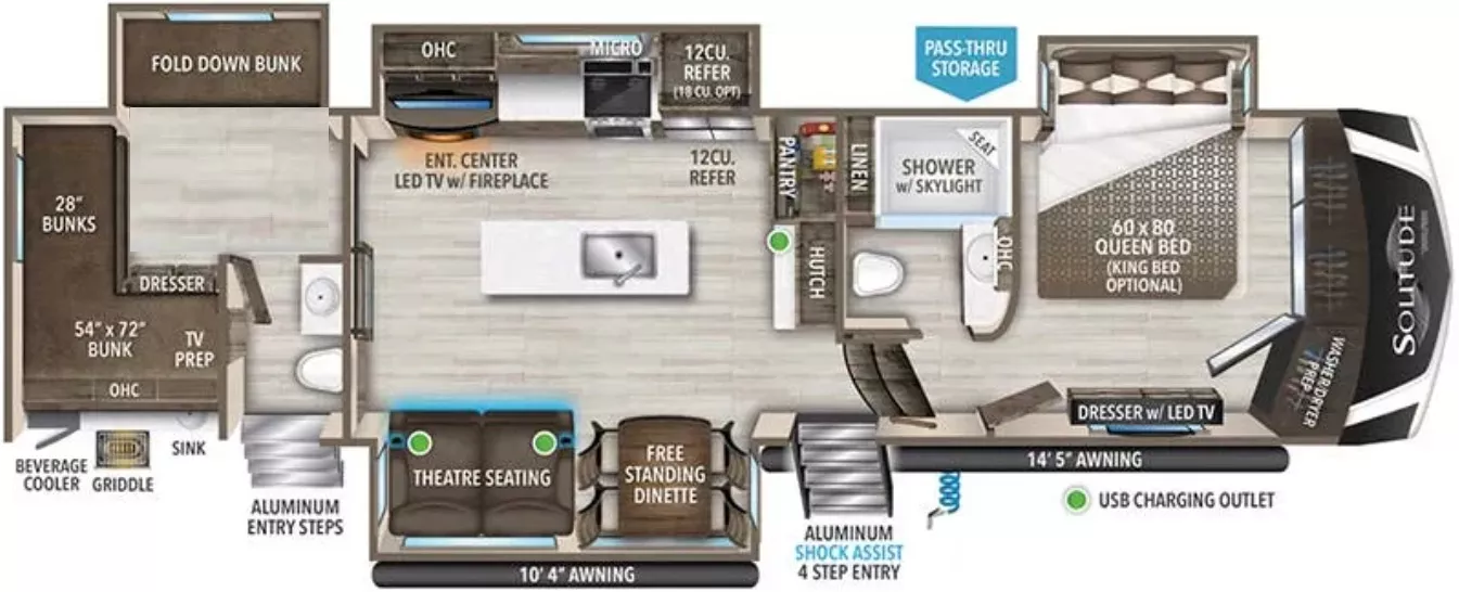 40' 2022 Grand Design Solitude 3740BH-R w/4 Slides - Bunk House Floorplan