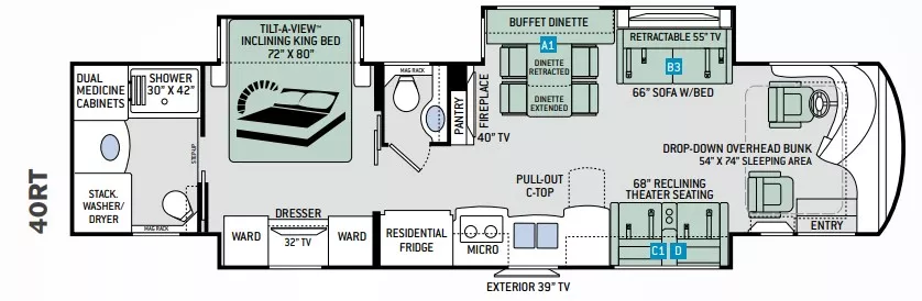 41' 2019 Thor Tuscany M-40RT 450hp Cummins w/3 Slides Floorplan