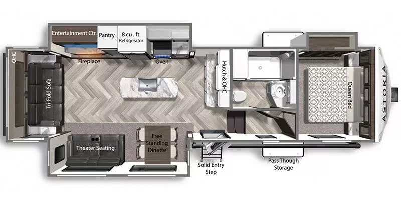 33' 2021 Dutchmen Astoria 2993RLF w/3 Slides Floorplan