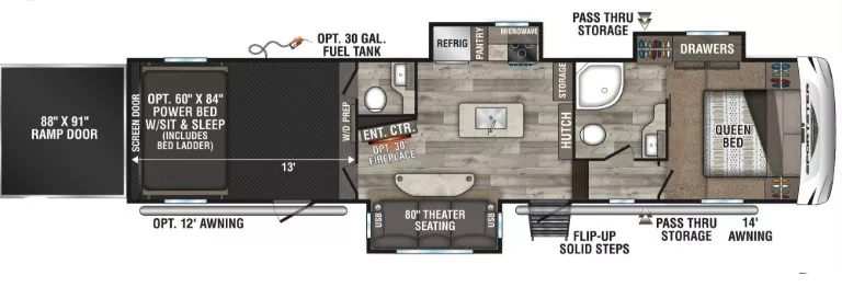 41' 2021 Kz Sportster 353TH13 w/3 Slides & Generator  - Toy Hauler Floorplan