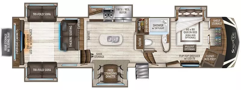 42' 2019 Grand Design Solitude 375RES w/5 Slides Floorplan