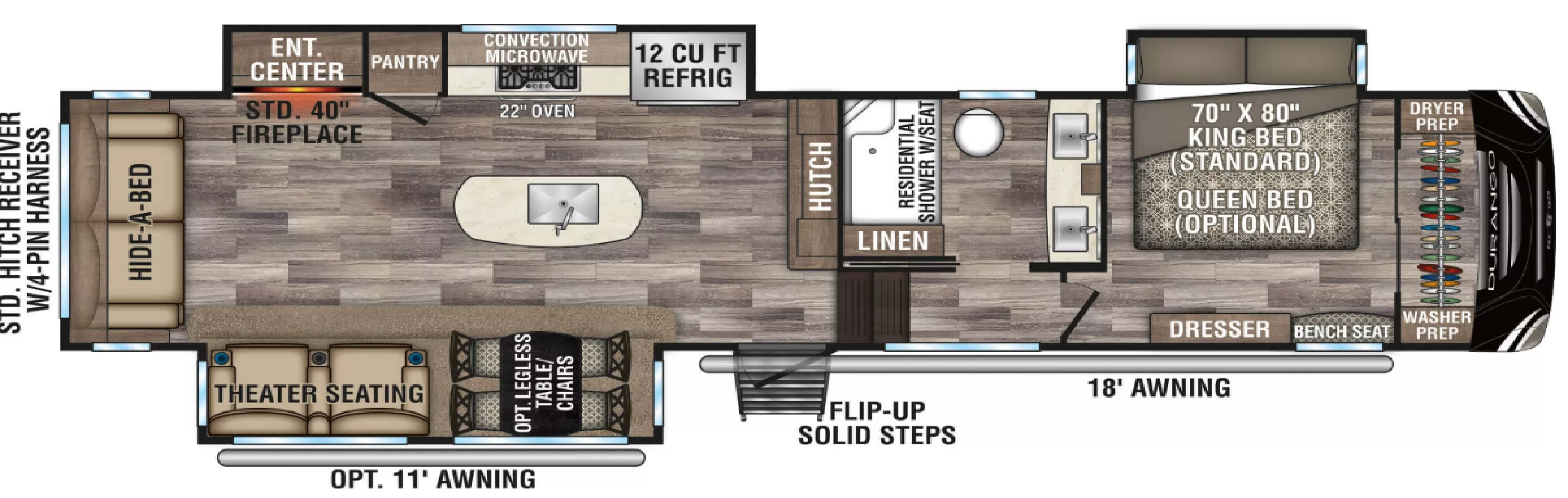 36' 2020 Kz Durango 333RLT w/3 Slides Floorplan