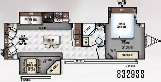 33' 2017 Forest River Rockwood 329 w/3 Slides Floorplan