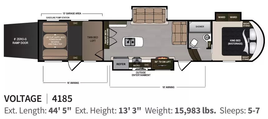 44' 2019 Dutchmen Voltage 4185 w/3 Slides & Generator  - Toy Hauler Floorplan