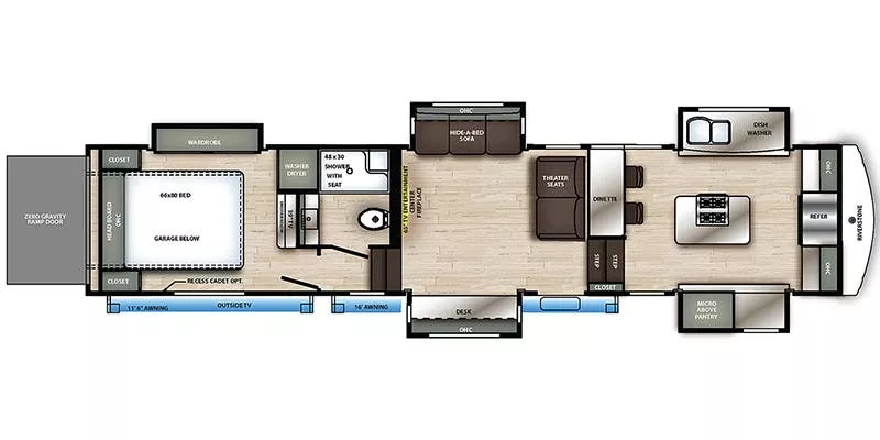 44' 2021 Forest River Riverstone Legacy 42FSKG w/5 Slides & Generator  - Toy Hauler Floorplan