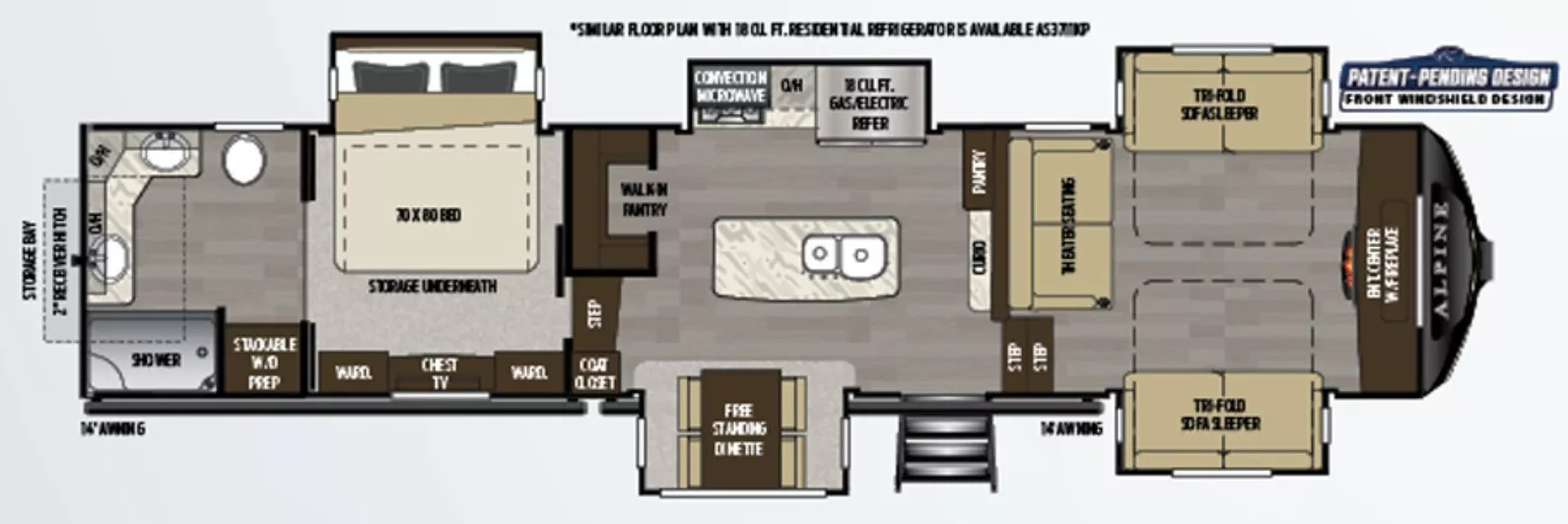 42' 2020 Keystone Alpine 3710FL w/5 Slides & Generator Floorplan