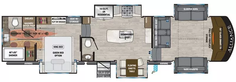 41' 2021 Alliance RV Paradigm 385FL w/5 Slides Floorplan