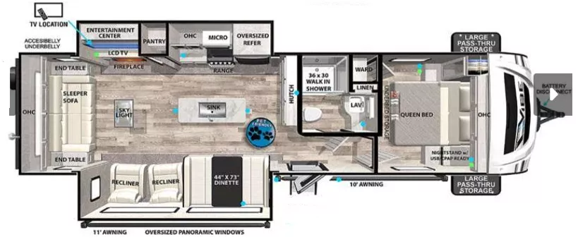 34' 2022 Forest River Vibe 28RL w/2 Slides Floorplan