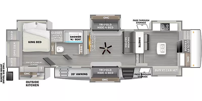 41' 2022 Forest River Sandpiper Luxury 38FKOK w/6 Slides Floorplan