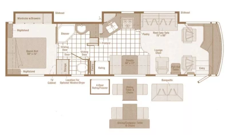 35' 2004 Winnebago Journey 34H 300hp Cummins w/2 Slides Floorplan