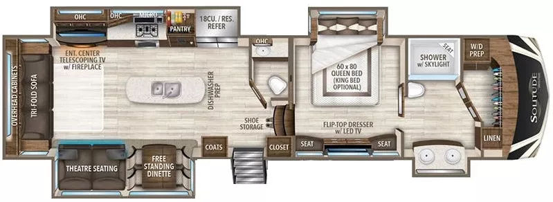 41' 2019 Grand Design Solitude 373FB w/3 Slides Floorplan