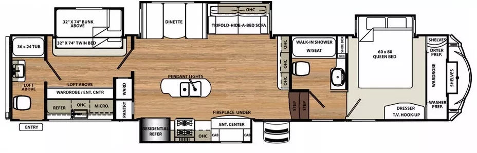 42' 2018 Forest River Sandpiper 383RBLOK w/4 Slides - Bunk House Floorplan