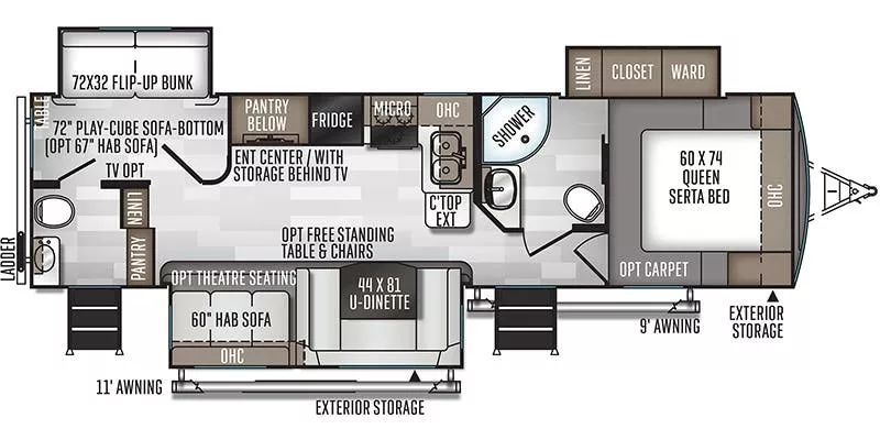 35' 2020 Forest River Rockwood Ultra Lite 2910SB w/3 Slides - Bunk House Floorplan