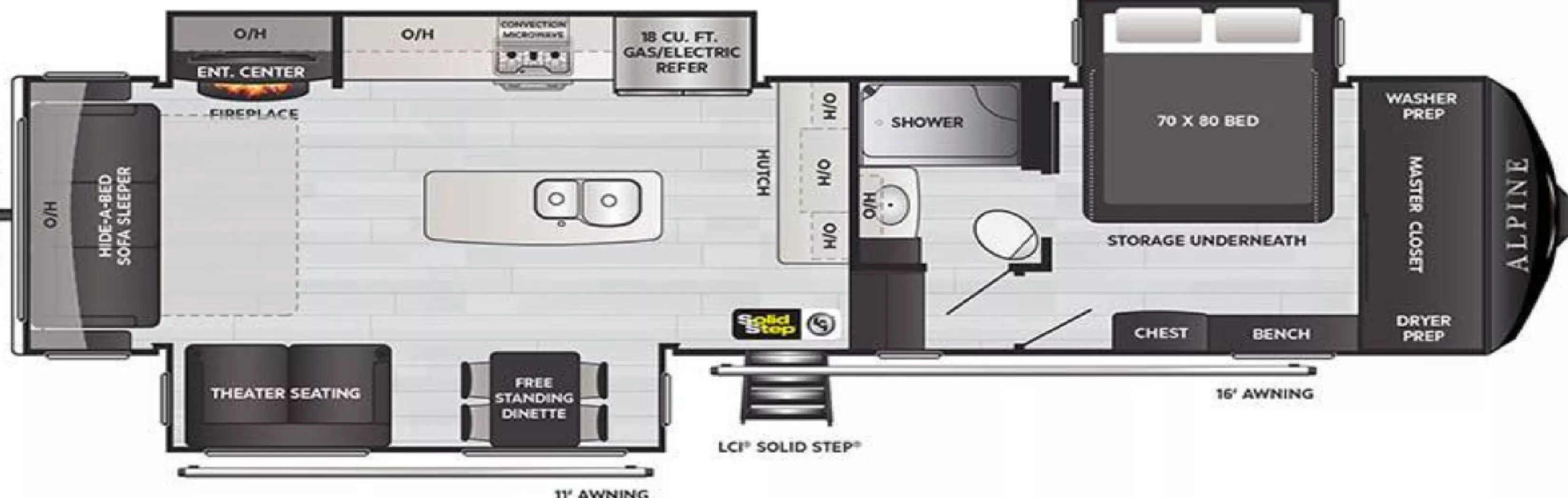 37' 2021 Keystone Alpine 3220RL w/3 Slides Floorplan