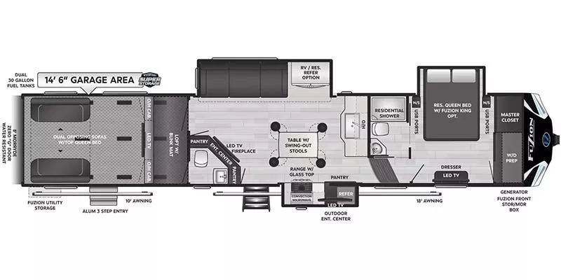 45' 2023 Keystone Fuzion 427 w/3 Slides & Generator  - Toy Hauler Floorplan