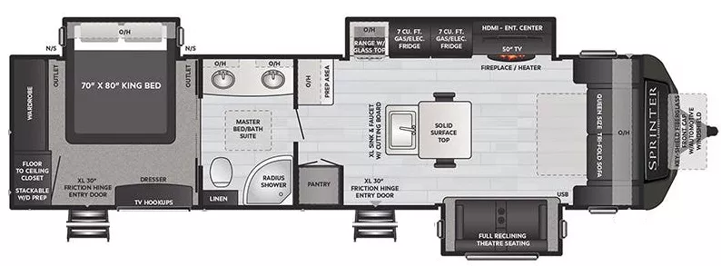 37' 2021 Keystone Sprinter Limited 330KBS w/3 Slides Floorplan