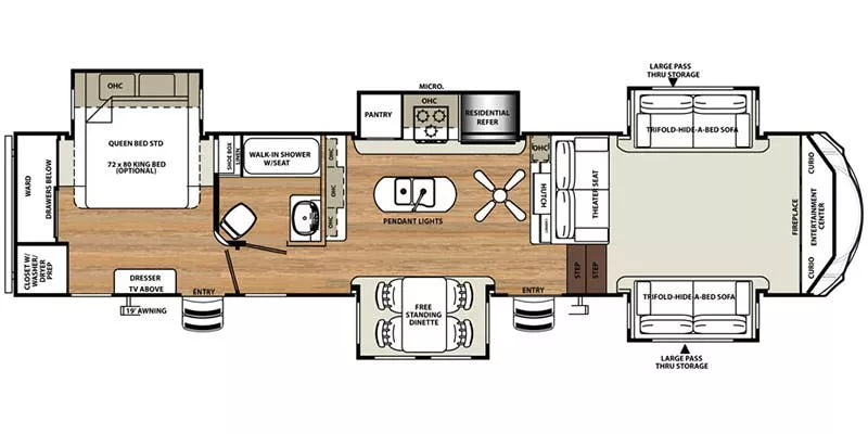 40' 2018 Forest River Sandpiper 377FLIK w/5 Slides Floorplan