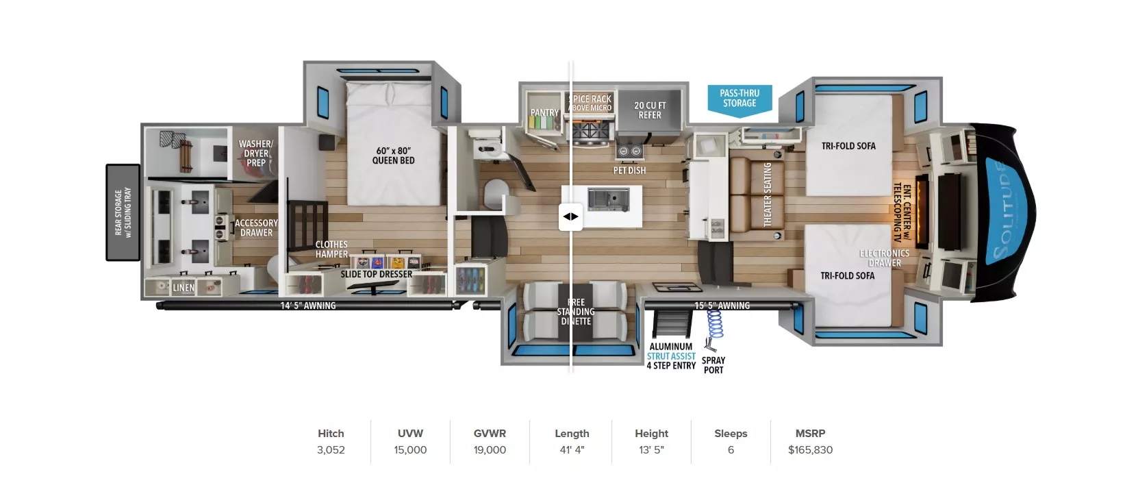 42' 2025 Grand Design Solitude 380FL w/5 Slides Floorplan