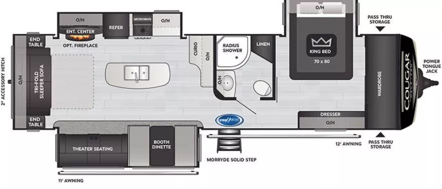 32' 2021 Keystone Cougar 32RLI w/3 Slides Floorplan