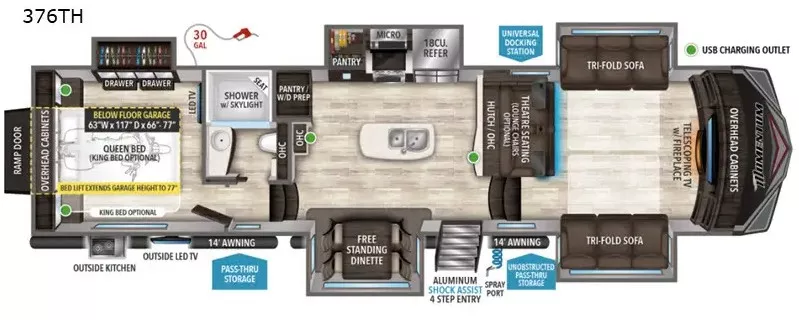 42' 2020 Grand Design Momentum 376TH w/5 Slides & Generator  - Toy Hauler Floorplan