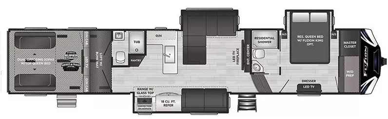 45' 2021 Keystone Fuzion Toy Hauler 430 w/3 Slides & Generator  - Toy Hauler - Bunk House Floorplan