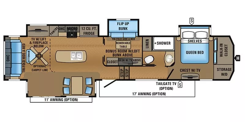 42' 2017 Jayco North Point 377RLBH w/4 Slides Floorplan