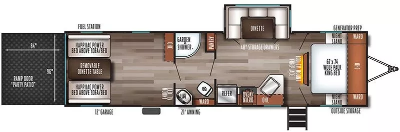 37' 2020 Forest River Wolf Pack 25PACK12+ w/Slide & Generator  - Toy Hauler Floorplan