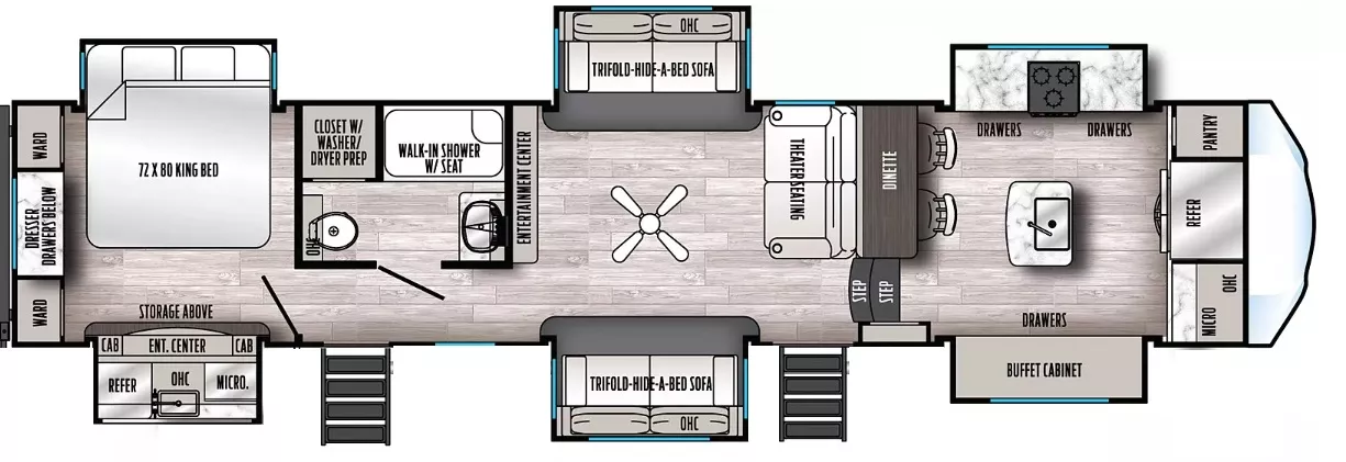 41' 2021 Forest River Sandpiper 38FKOK w/6 Slides Floorplan