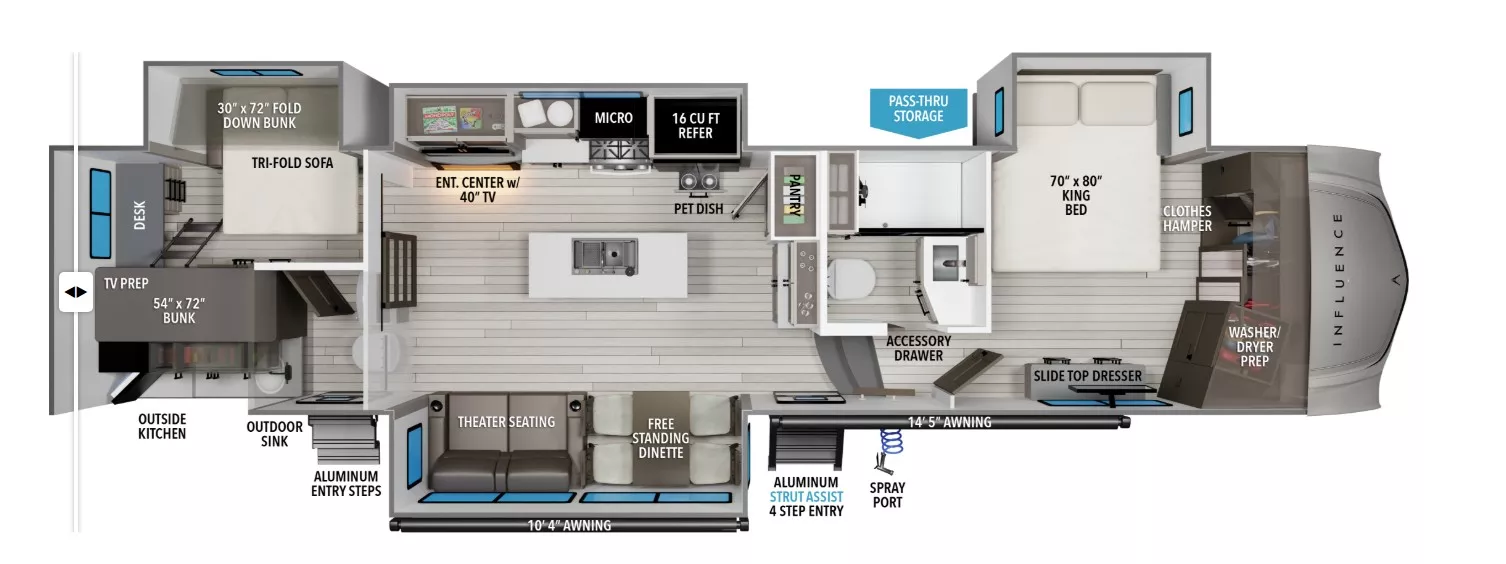 40' 2025 Grand Design Influence 3704BH w/2 Slides - Bunk House Floorplan