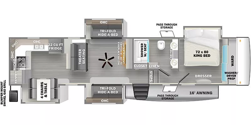 41' 2022 Forest River Sandpiper Luxury 39BARK w/4 Slides Floorplan