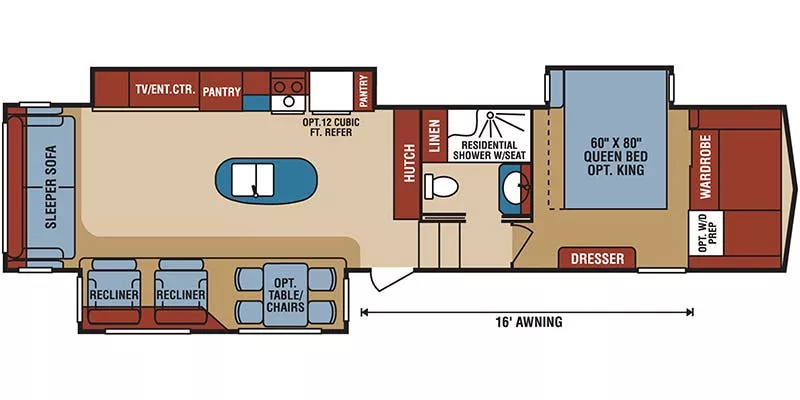 36' 2018 Kz Durango 325RLT w/3 Slides Floorplan