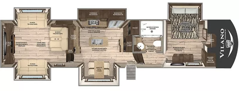 42' 2019 Vanleigh RV Vilano 385RD w/5 Slides Floorplan