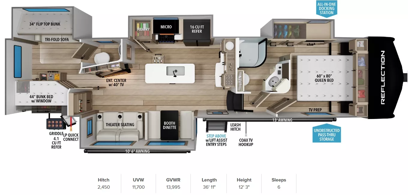 36' 2023 Grand Design Reflection 311BHS w/4 Slides - Bunk House Floorplan
