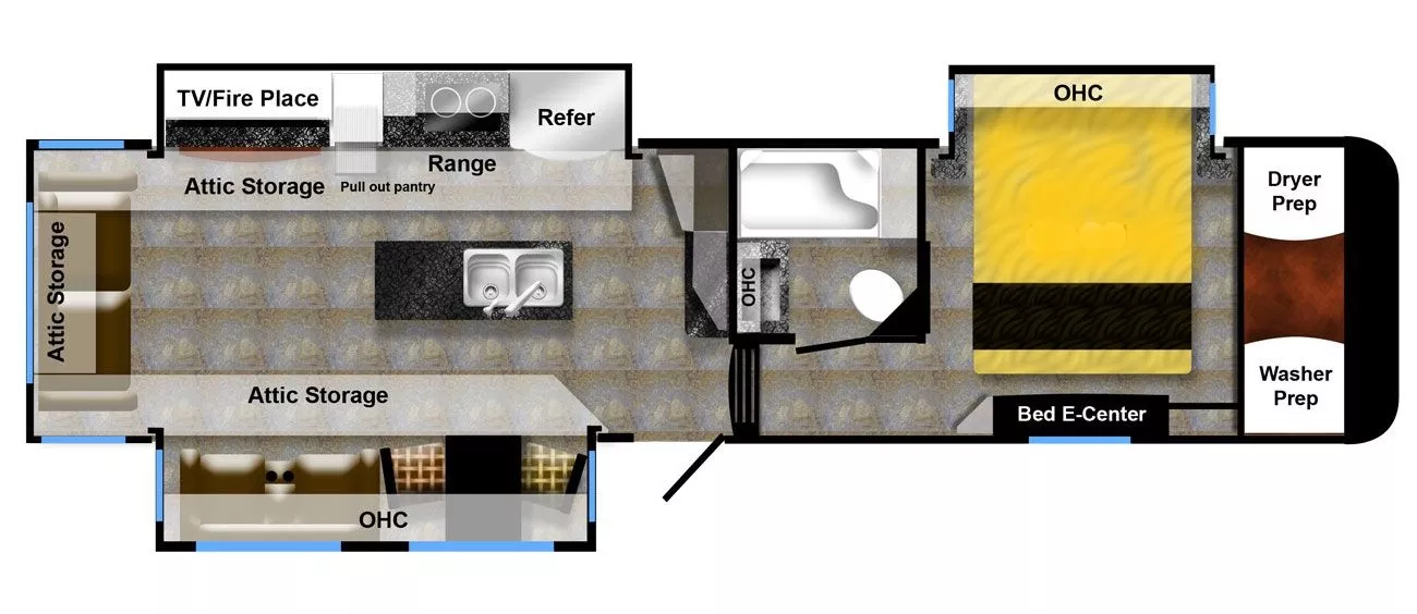 37' 2022 The RV Factory Luxe GOLD 35GRS w/3 Slides Floorplan