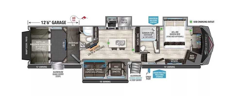 43' 2021 Grand Design Momentum 397TH-R w/3 Slides & Generator  - Toy Hauler Floorplan