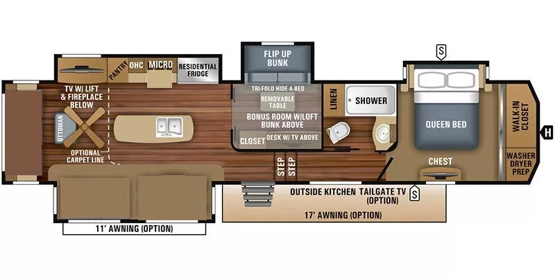 42' 2018 Jayco North Point 377RLBH w/4 Slides Floorplan