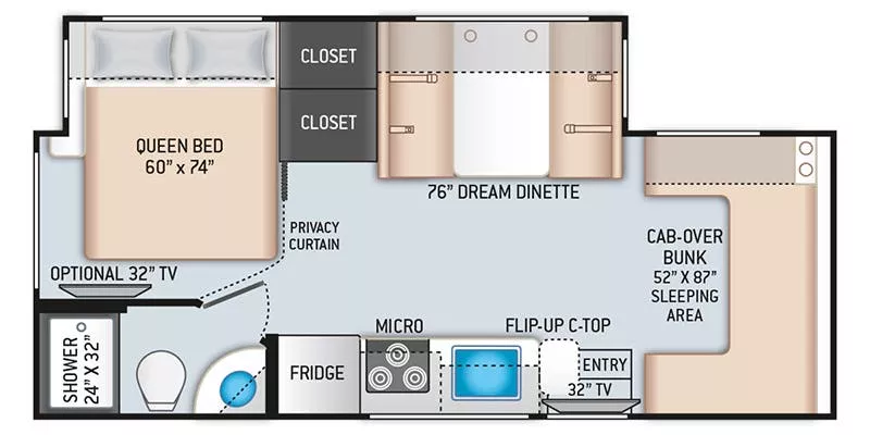 24' 2021 Thor Fourwinds 24BL w/Slide Floorplan