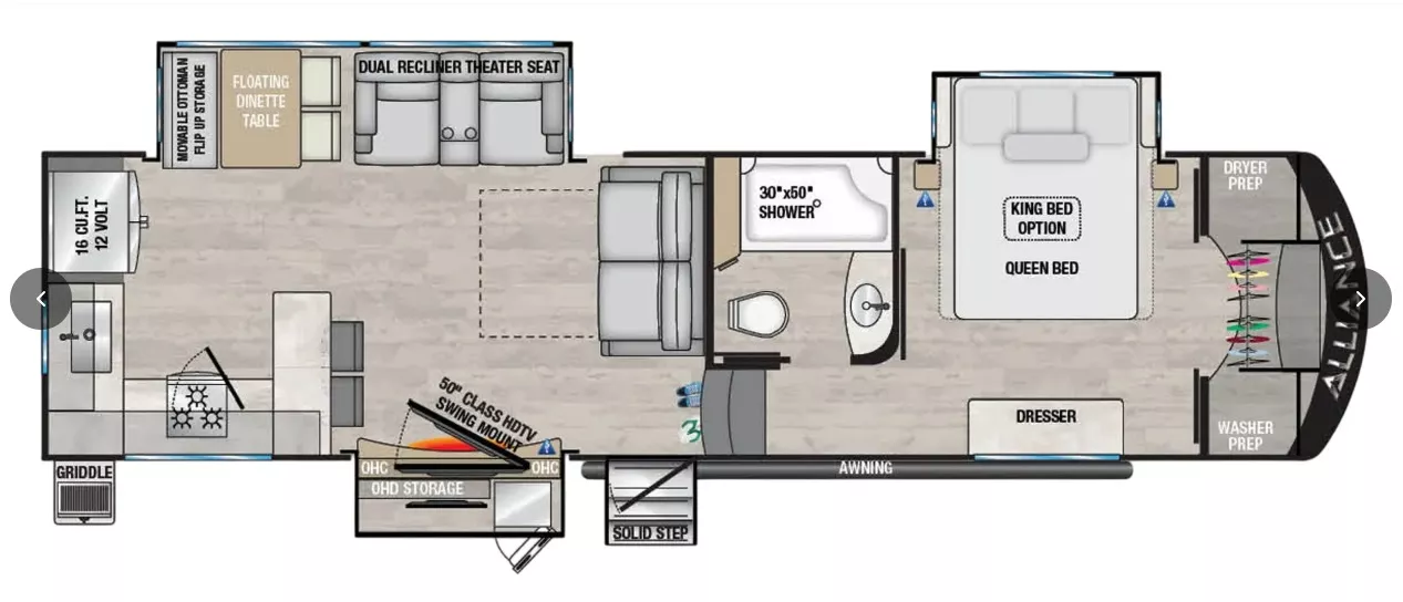 34' 2024 Alliance RV Avenue 33RKS w/3 Slides Floorplan