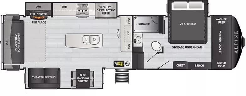 36' 2022 Keystone Alpine 3220RL w/3 Slides Floorplan