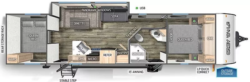 36' 2023 Forest River Cherokee Grey Wolf Black Label 29QBBL w/Slide Floorplan